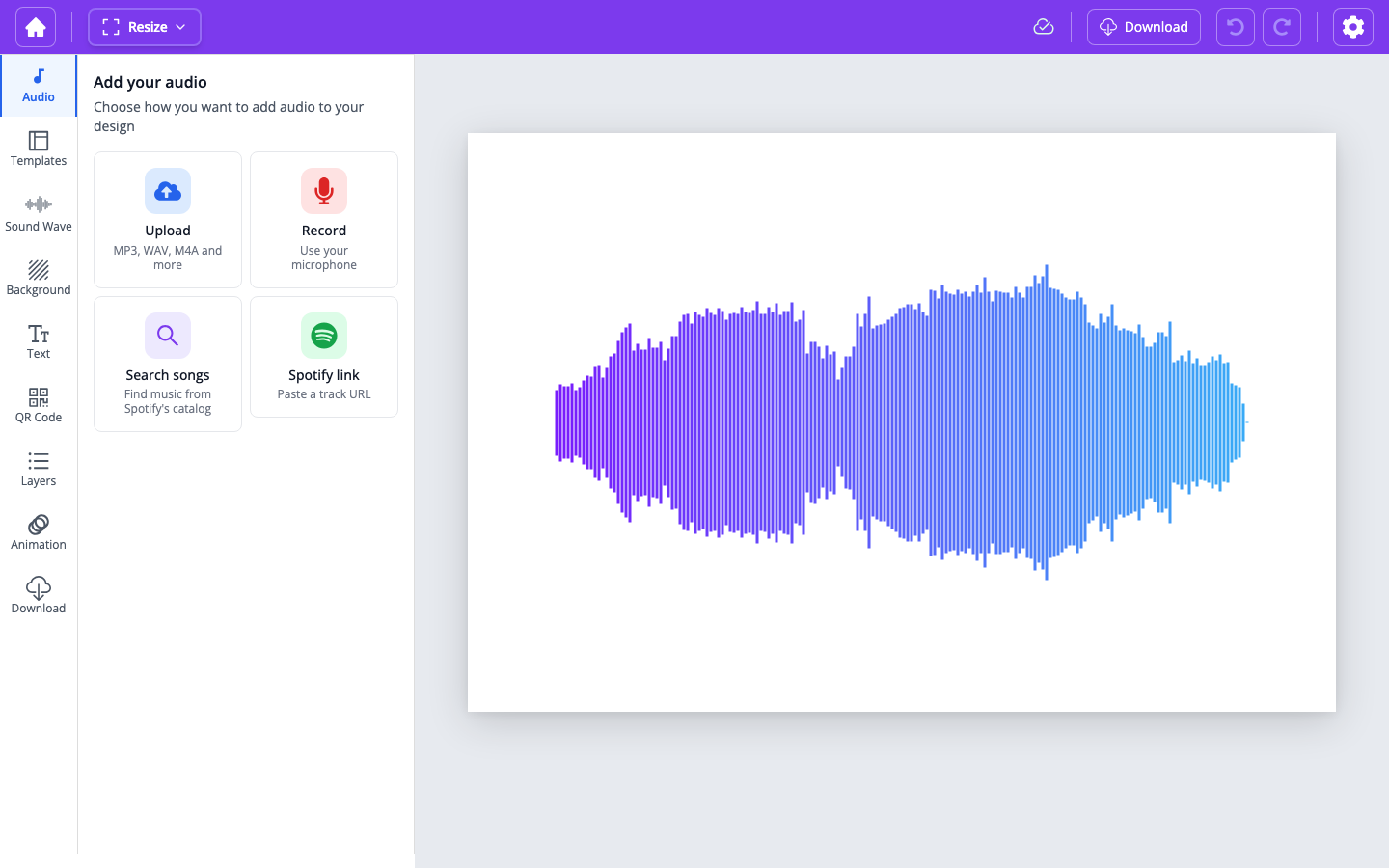 Audio tab with Search songs and other source options