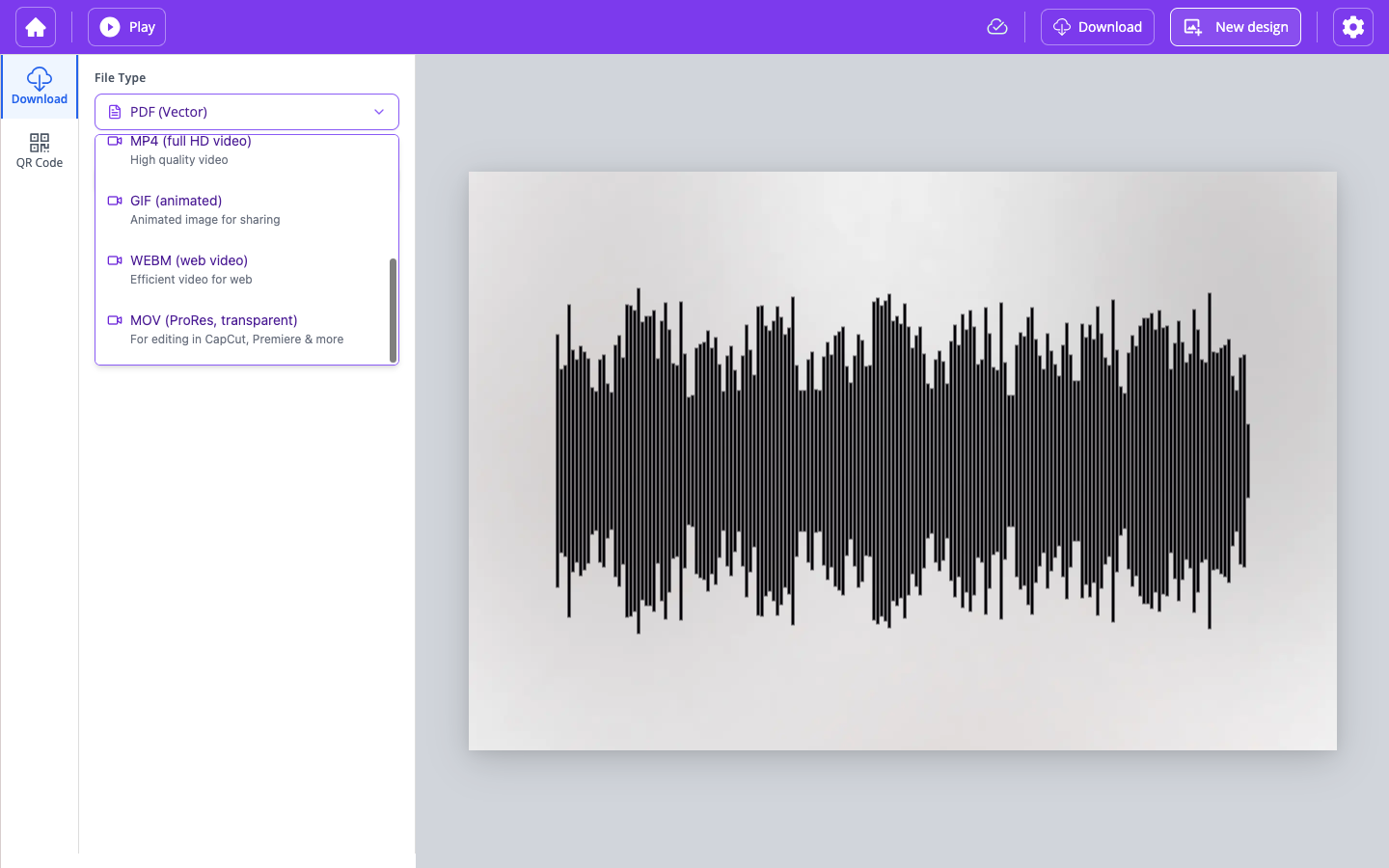 Editor Download tab: file types including PNG, JPEG, SVG, PDF, MP4, GIF, WebM, and MOV