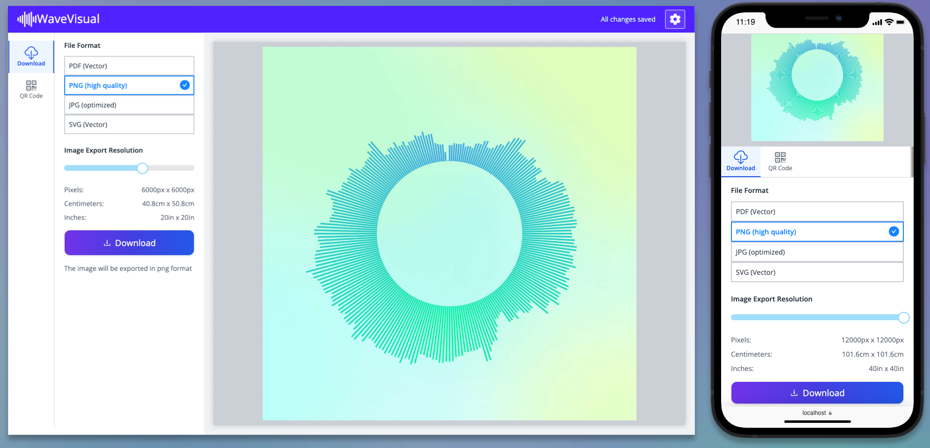 Export resolutions options in Download tab