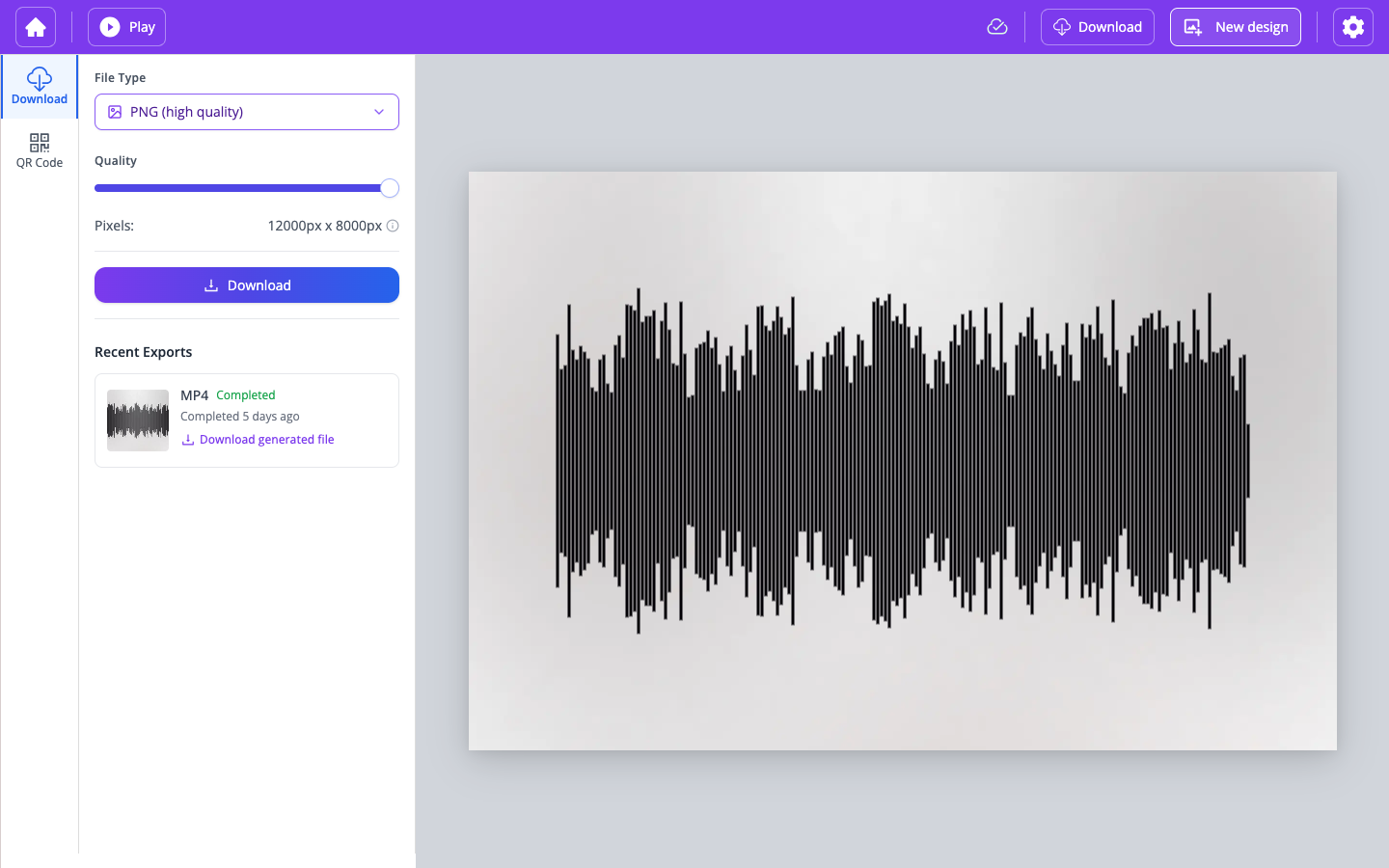 PNG export: resolution slider and approximate print size (cm / in) in the Download tab
