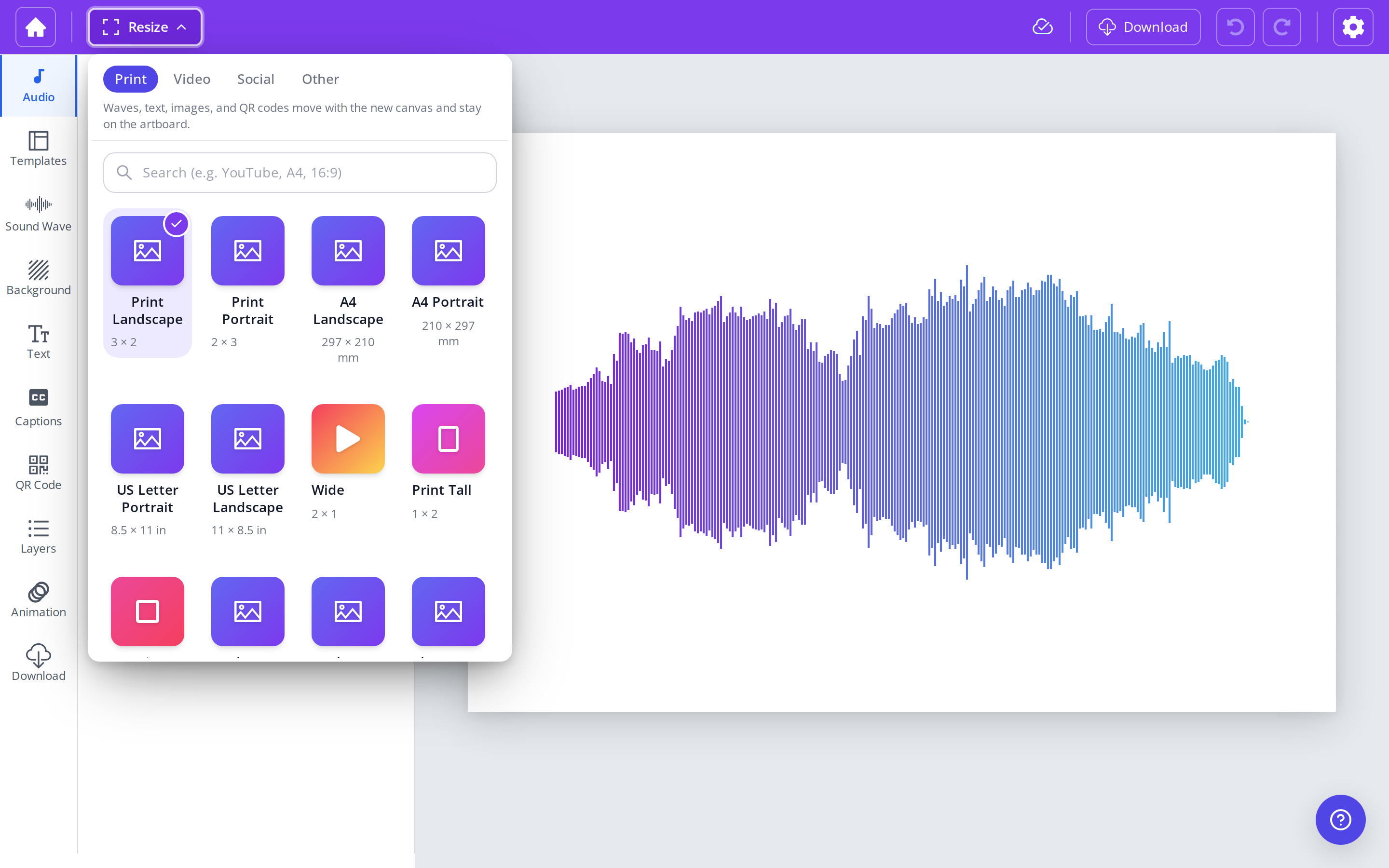 Resize menu with Print selected, including A4, US Letter, and photo ratios.
