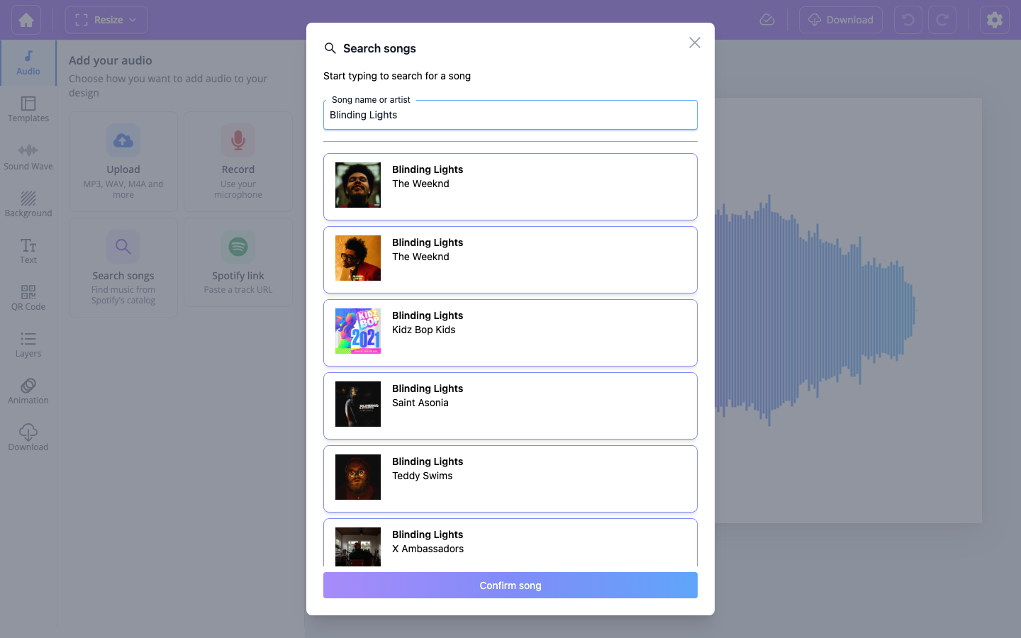 Search songs dialog with Spotify results