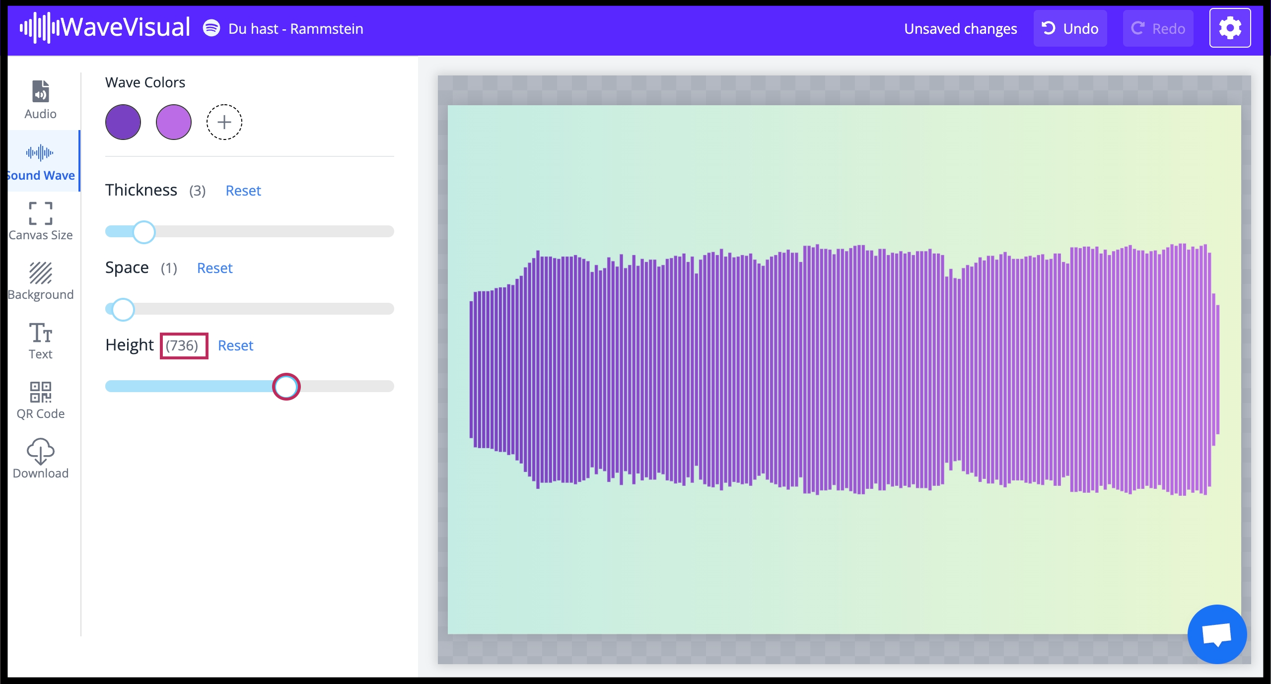 Height is set to 736